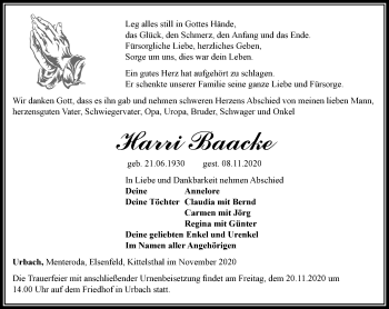 Traueranzeige von Harri Baacke von Thüringer Allgemeine, Thüringische Landeszeitung