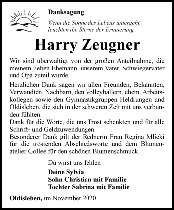 Traueranzeige von Harry Zeugner von Thüringer Allgemeine