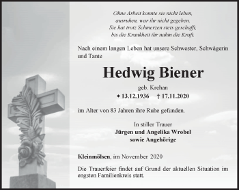 Traueranzeige von Hedwig Biener von Thüringer Allgemeine, Thüringische Landeszeitung