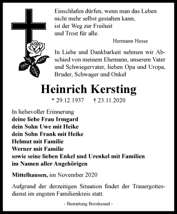 Traueranzeige von Heinrich Kersting von Thüringer Allgemeine, Thüringische Landeszeitung