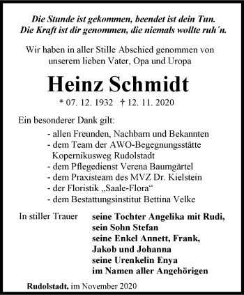 Traueranzeige von Heinz Schmidt von Ostthüringer Zeitung