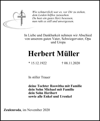 Traueranzeige von Herbert Müller von Ostthüringer Zeitung
