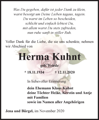 Traueranzeige von Herma Kuhnt von Ostthüringer Zeitung