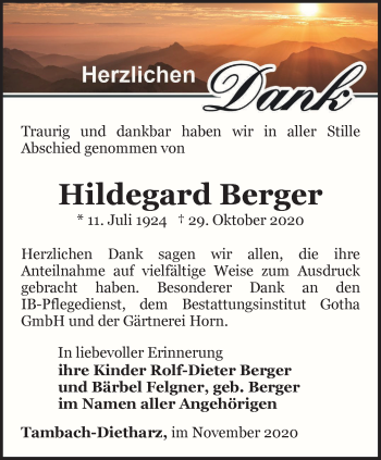 Traueranzeige von Hildegard Berger von Thüringer Allgemeine, Thüringische Landeszeitung