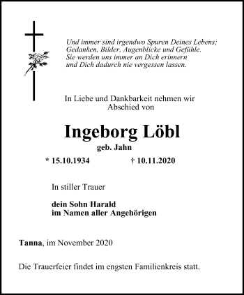 Traueranzeige von Ingeborg Löbl von Ostthüringer Zeitung