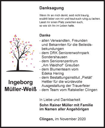 Traueranzeige von Ingeborg Müller-Weiß von Thüringer Allgemeine