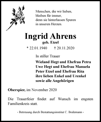 Traueranzeige von Ingrid Ahrens