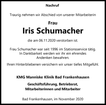 Traueranzeige von Iris Schumacher von Thüringer Allgemeine