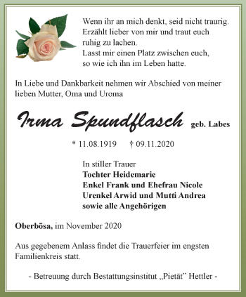Traueranzeige von Irma Spundflasch von Thüringer Allgemeine