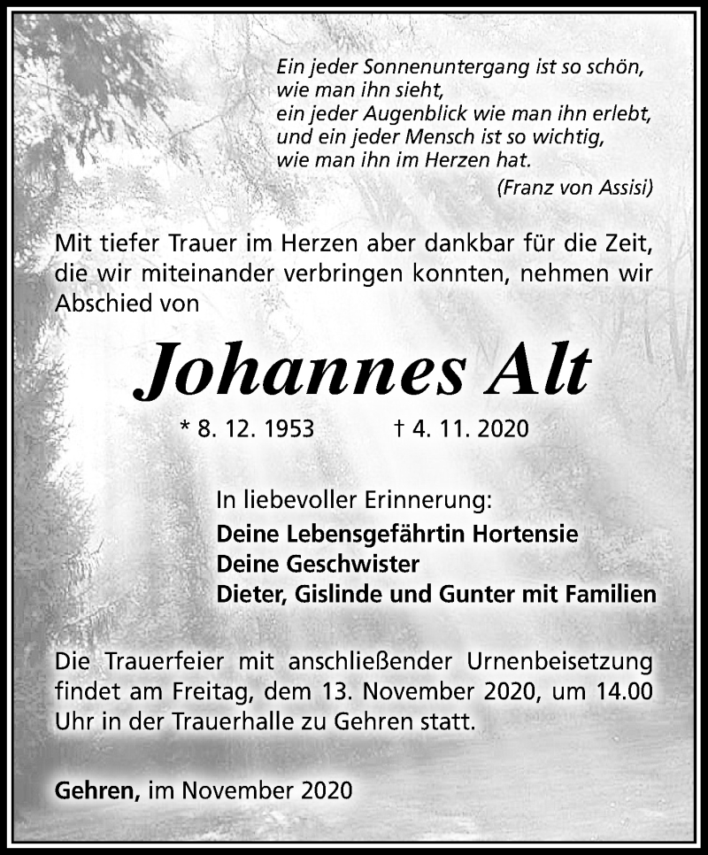  Traueranzeige für Johannes Alt vom 10.11.2020 aus Thüringer Allgemeine