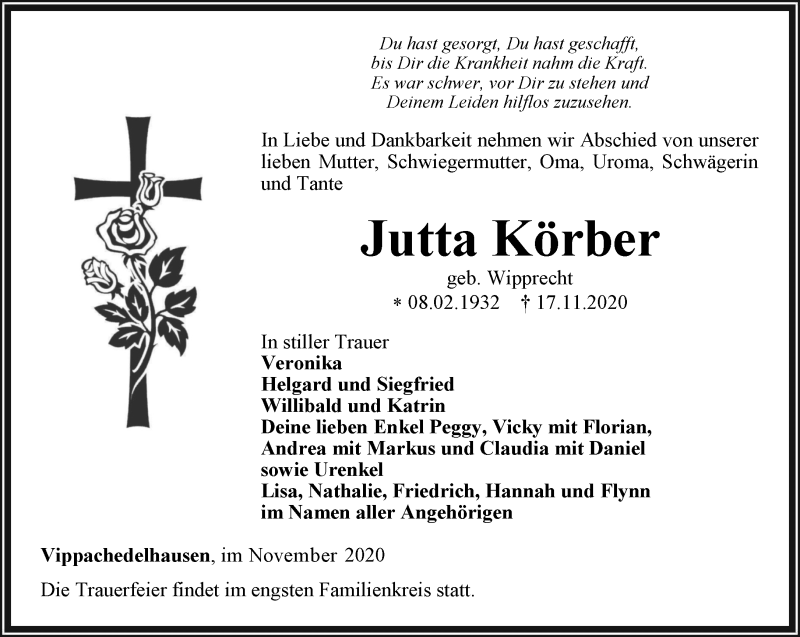  Traueranzeige für Jutta Körber vom 21.11.2020 aus Thüringer Allgemeine, Thüringische Landeszeitung