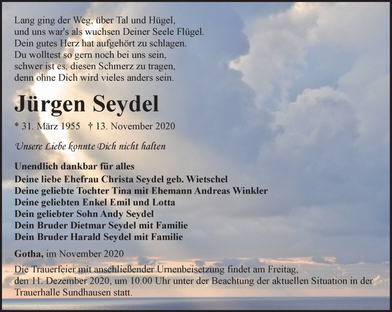 Traueranzeige für Jürgen Seydel vom 21.11.2020 aus Thüringer Allgemeine, Thüringische Landeszeitung