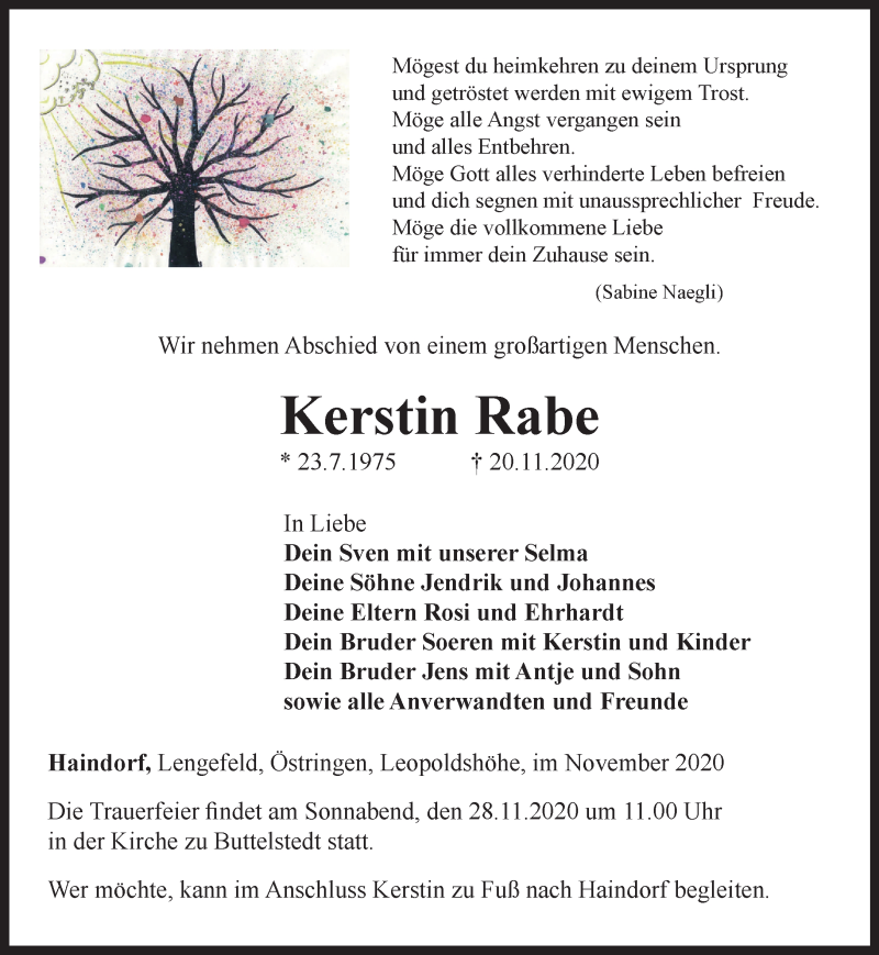  Traueranzeige für Kerstin Rabe vom 25.11.2020 aus Thüringer Allgemeine, Thüringische Landeszeitung