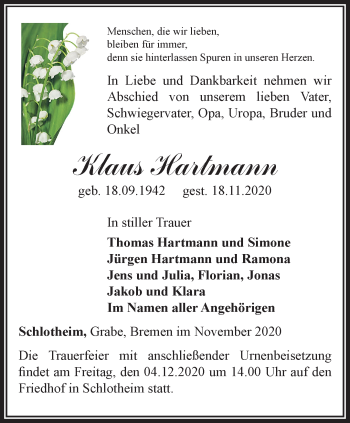 Traueranzeige von Klaus Hartmann von Thüringer Allgemeine, Thüringische Landeszeitung