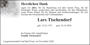 Traueranzeige von Lars Tischendorf von Ostthüringer Zeitung