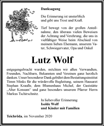 Traueranzeige von Lutz Wolf von Ostthüringer Zeitung