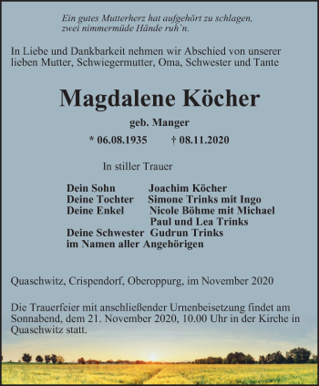 Traueranzeige von Magdalene Köcher