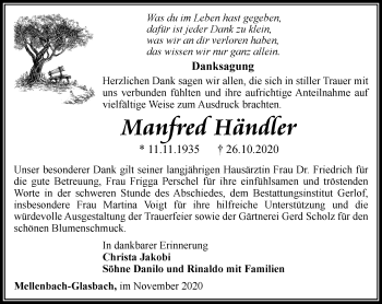 Traueranzeige von Manfred Händer von Ostthüringer Zeitung