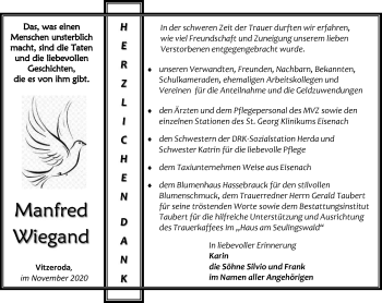 Traueranzeige von Manfred Wiegand von Thüringer Allgemeine, Thüringische Landeszeitung