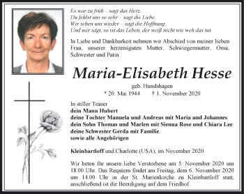 Traueranzeige von Maria-Elisabeth Hesse von Thüringer Allgemeine