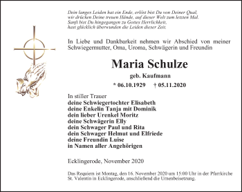 Traueranzeige von Maria Schulze von Thüringer Allgemeine