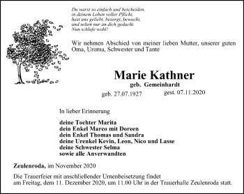 Traueranzeige von Marie Kathner von Ostthüringer Zeitung