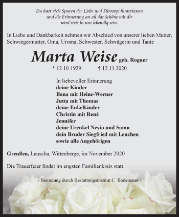 Traueranzeige von Marta Weise