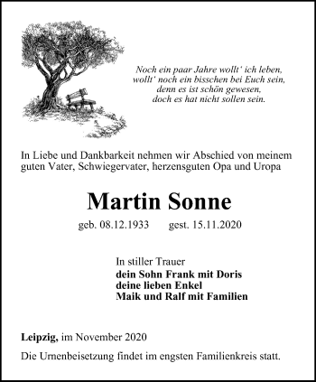 Traueranzeige von Martin Sonne von Ostthüringer Zeitung