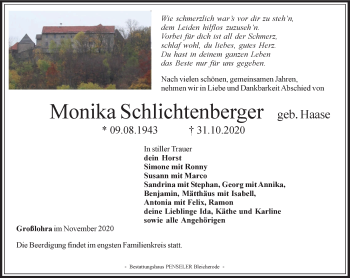 Traueranzeige von Monika Schlichtenberger von Thüringer Allgemeine