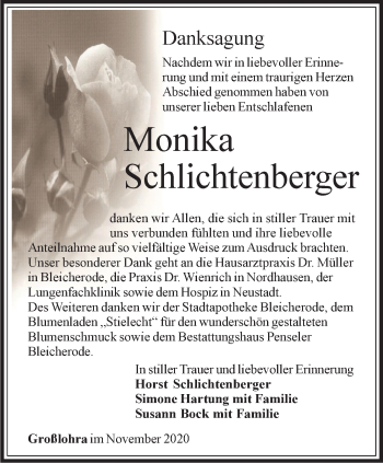 Traueranzeige von Monika Schlichtenberger von Thüringer Allgemeine