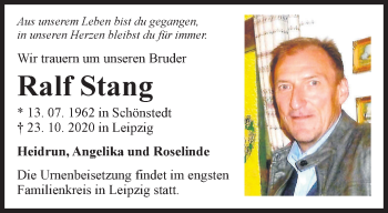 Traueranzeige von Ralf Stang von Thüringer Allgemeine, Thüringische Landeszeitung