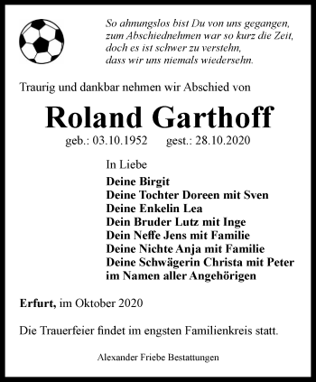 Traueranzeige von Roland Garthoff