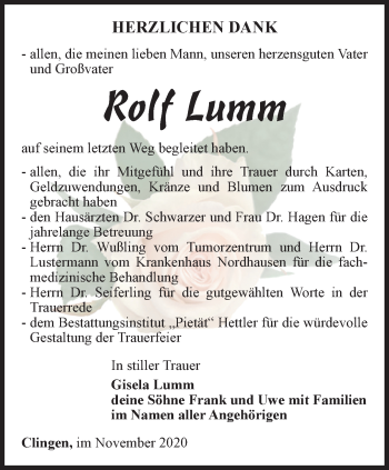 Traueranzeige von Rolf Lumm von Thüringer Allgemeine