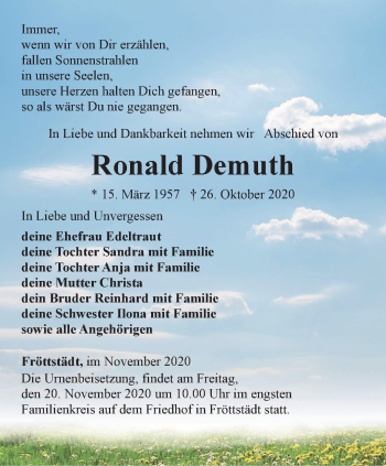 Traueranzeige von Ronald Demuth von Thüringer Allgemeine, Thüringische Landeszeitung