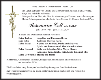 Traueranzeige von Rosemarie Cott von Thüringer Allgemeine, Thüringische Landeszeitung