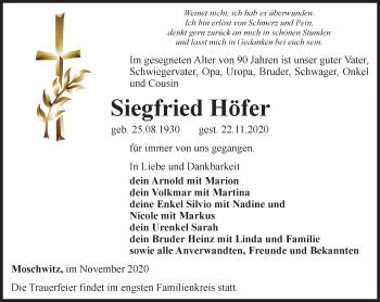 Traueranzeige von Siegfried Höfer von Ostthüringer Zeitung