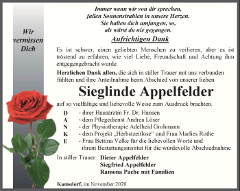 Traueranzeige von Sieglinde Appelfelder von Ostthüringer Zeitung