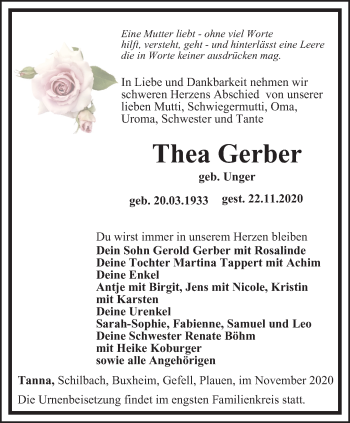 Traueranzeige von Thea Gerber von Ostthüringer Zeitung