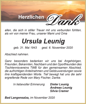 Traueranzeige von Ursula Leunig von Thüringer Allgemeine, Thüringische Landeszeitung