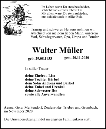 Traueranzeige von Walter Müller von Ostthüringer Zeitung