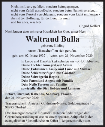 Traueranzeige von Waltraud Bulla