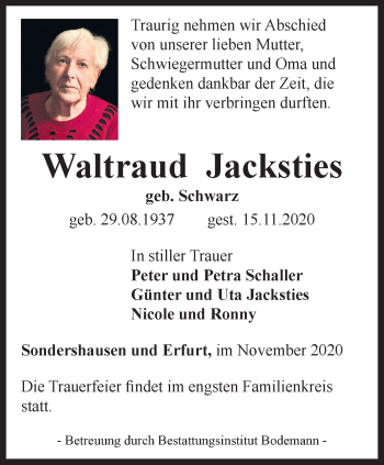 Traueranzeige von Waltraud Jacksties