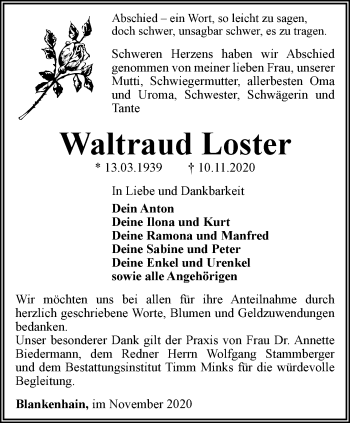 Traueranzeige von Waltraud Loster von Thüringer Allgemeine, Thüringische Landeszeitung