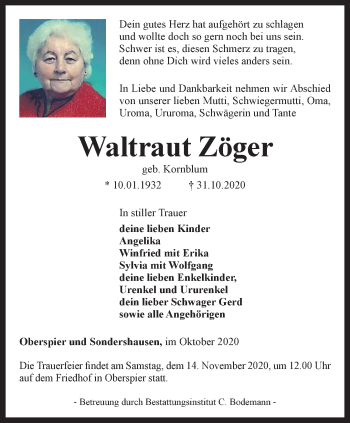 Traueranzeige von Waltraut Zöger