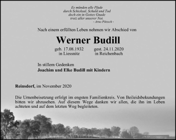 Traueranzeige von Werner Budill von Ostthüringer Zeitung