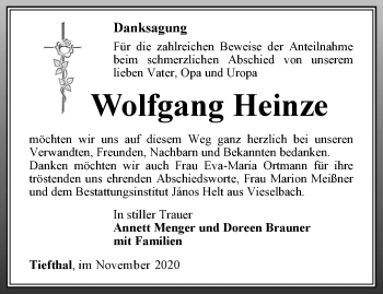 Traueranzeige von Wolfgang Heinze von Thüringer Allgemeine, Thüringische Landeszeitung