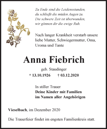 Traueranzeige von Anna Fiebrich von Thüringer Allgemeine, Thüringische Landeszeitung