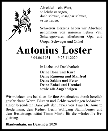 Traueranzeige von Antonius Loster von Thüringer Allgemeine, Thüringische Landeszeitung