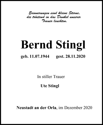 Traueranzeige von Bernd Stingl