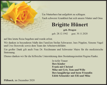 Traueranzeige von Brigitte Hünert von Ostthüringer Zeitung